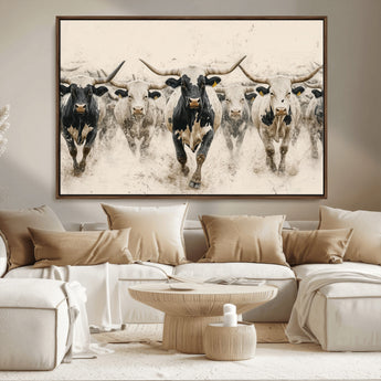 61538944-MGV-FC-36X24_Walnut-Texas Longhorn Wall Art Canvas Print, Framed Cattles Walking Art Picture Print, Black White Bulls Perfect Rustic Western Decor