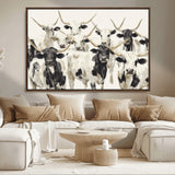 52947970-MGV-CV-36X24-Texas Longhorn Wall Art Canvas Print, Framed Cattle Herd Art Picture Print, Herd Portrait Perfect Modern Farmhouse Decor Artwork