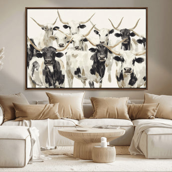 52947970-MGV-CV-36X24-Texas Longhorn Wall Art Canvas Print, Framed Cattle Herd Art Picture Print, Herd Portrait Perfect Modern Farmhouse Decor Artwork