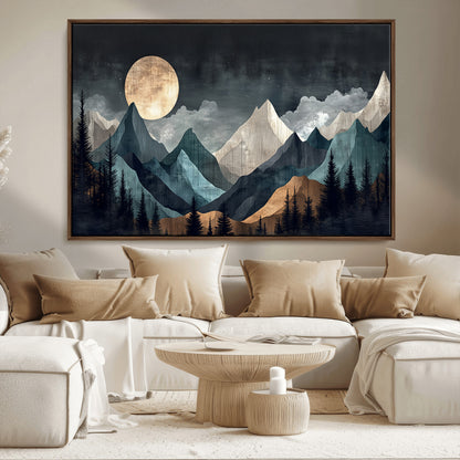 11060882-MGV-FC-36X24_Walnut-Moonlit Mountains Wall Art Canvas Print, Framed Forest Silhouette Art Picture Print, Night Landscape Perfect Modern Forest Decor