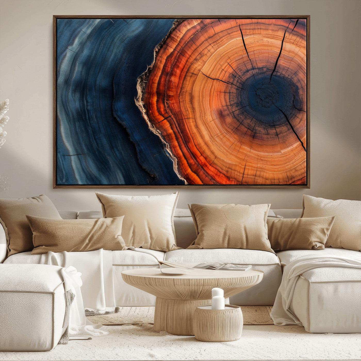 57732250-MGV-CV-36X24-Tree Ring Abstract Wall Art – Blue Orange Wood Grain Canvas Print, Modern Rustic Nature Artwork for Living Room, Office,