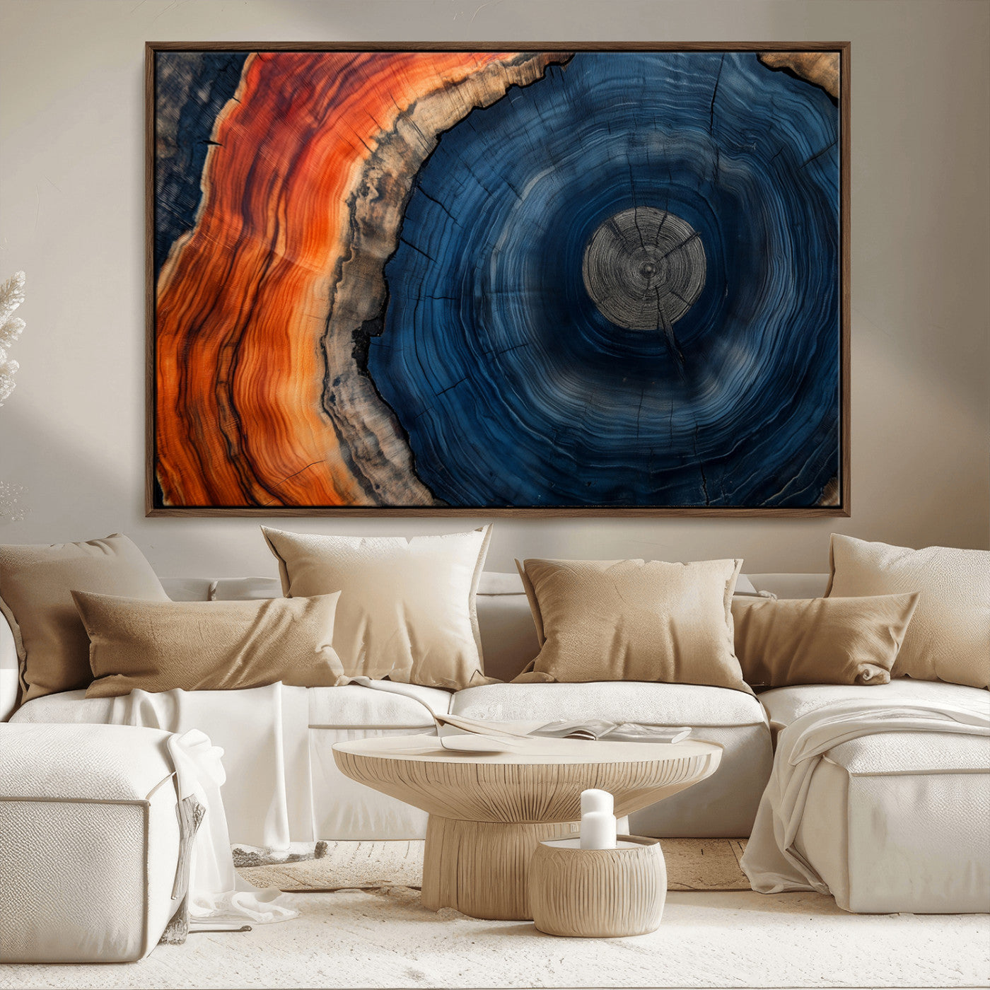 99491700-MGV-FC-36X24_Walnut-Tree Ring Canvas Wall Art – Blue Orange Abstract Wood Grain Print, Rustic Modern Nature Artwork for Living Room, Office, Bedroom