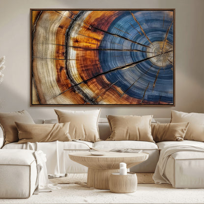 18032999-MGV-FC-36X24_Walnut-Tree Ring Wall Art – Blue Brown Abstract Wood Slice Canvas Print, Rustic Modern Nature Decor for Living Room, Office, Bedroom or