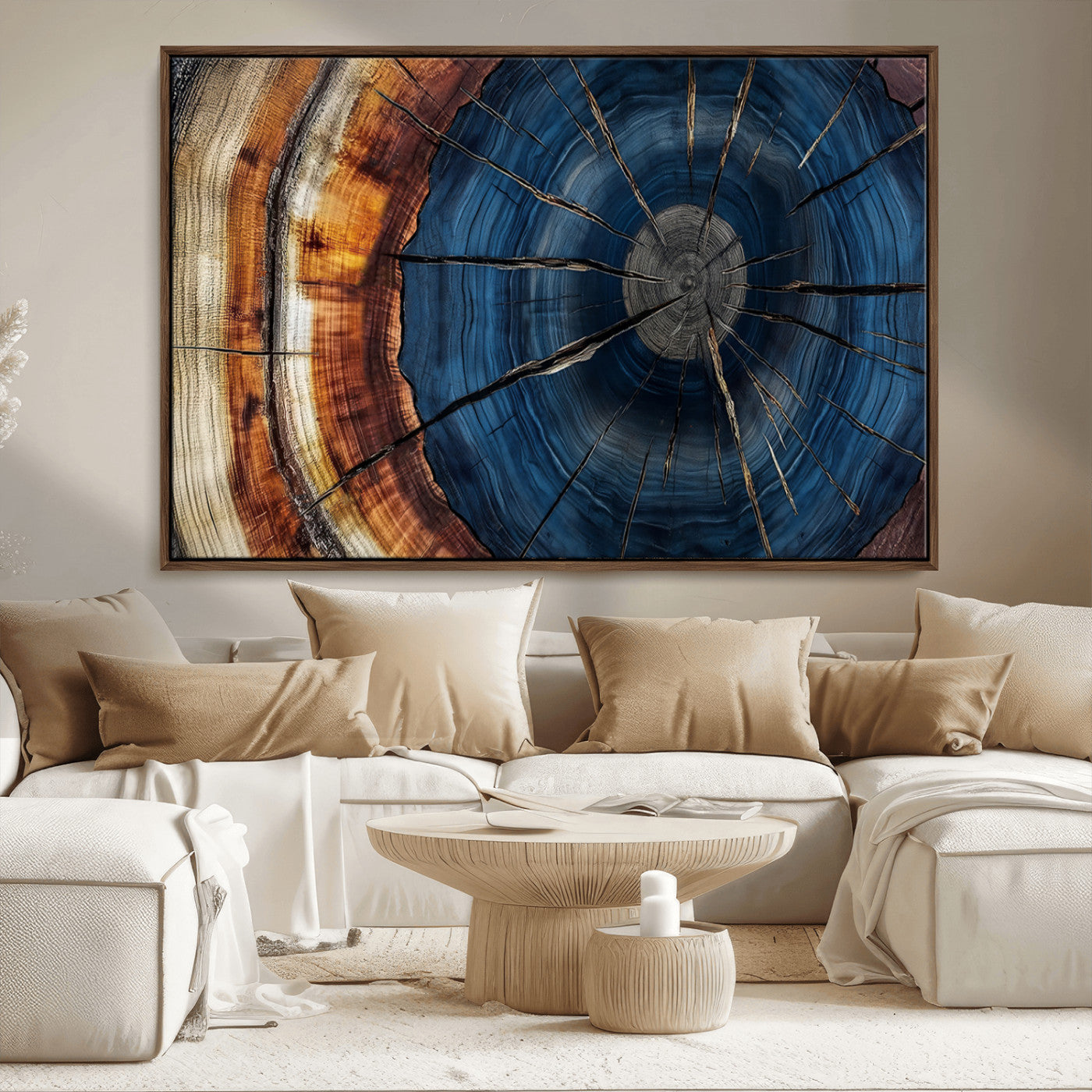 60099360-MGV-CV-36X24-Blue Tree Ring Wall Art – Rustic Wood Grain Canvas Print, Modern Abstract Artwork with Natural Texture for Living Room, Bedroom,