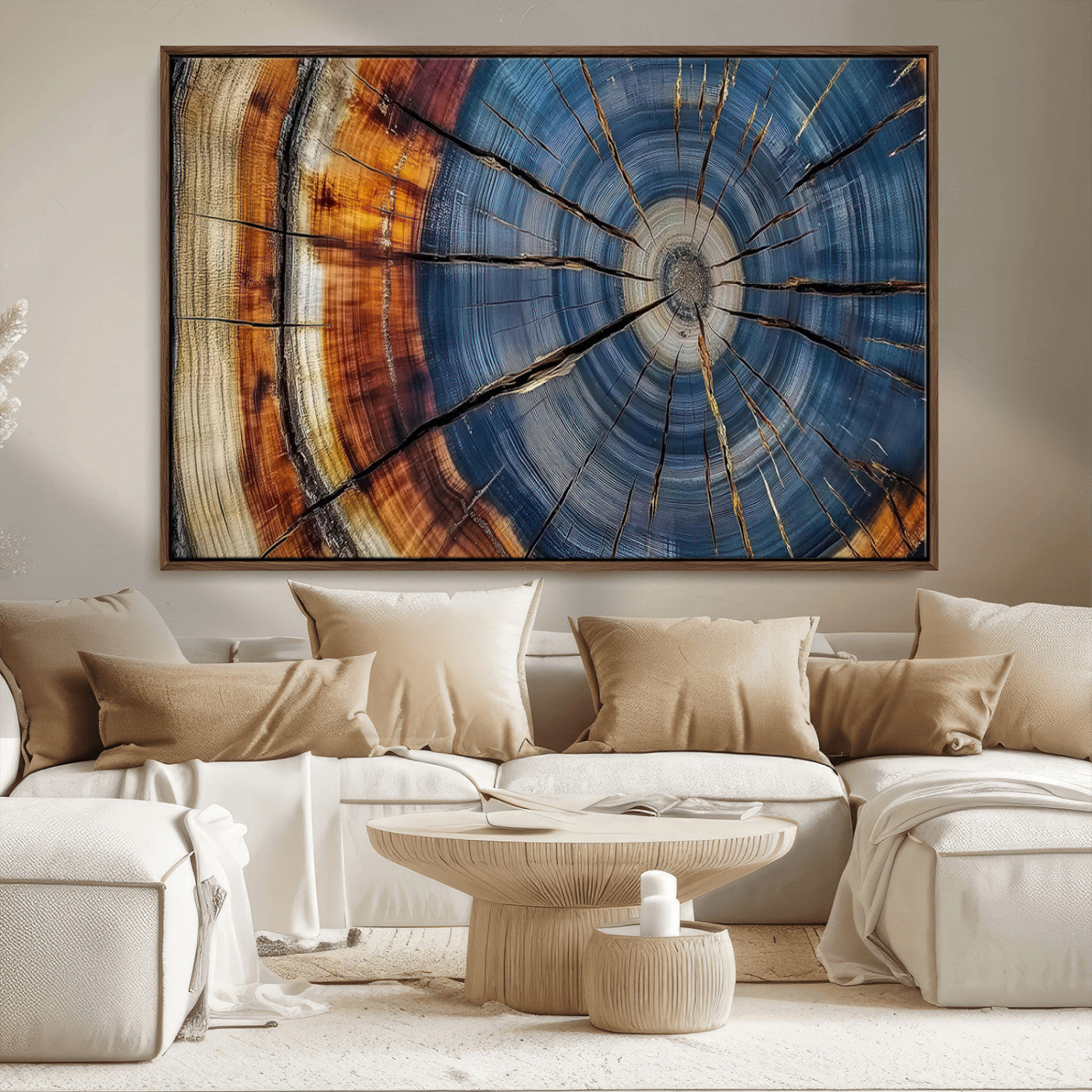 82059233-MGV-CV-36X24-Colorful Tree Ring Wall Art – Abstract Wood Cross Section Canvas Print, Modern Rustic Nature Decor for Living Room, Office, or