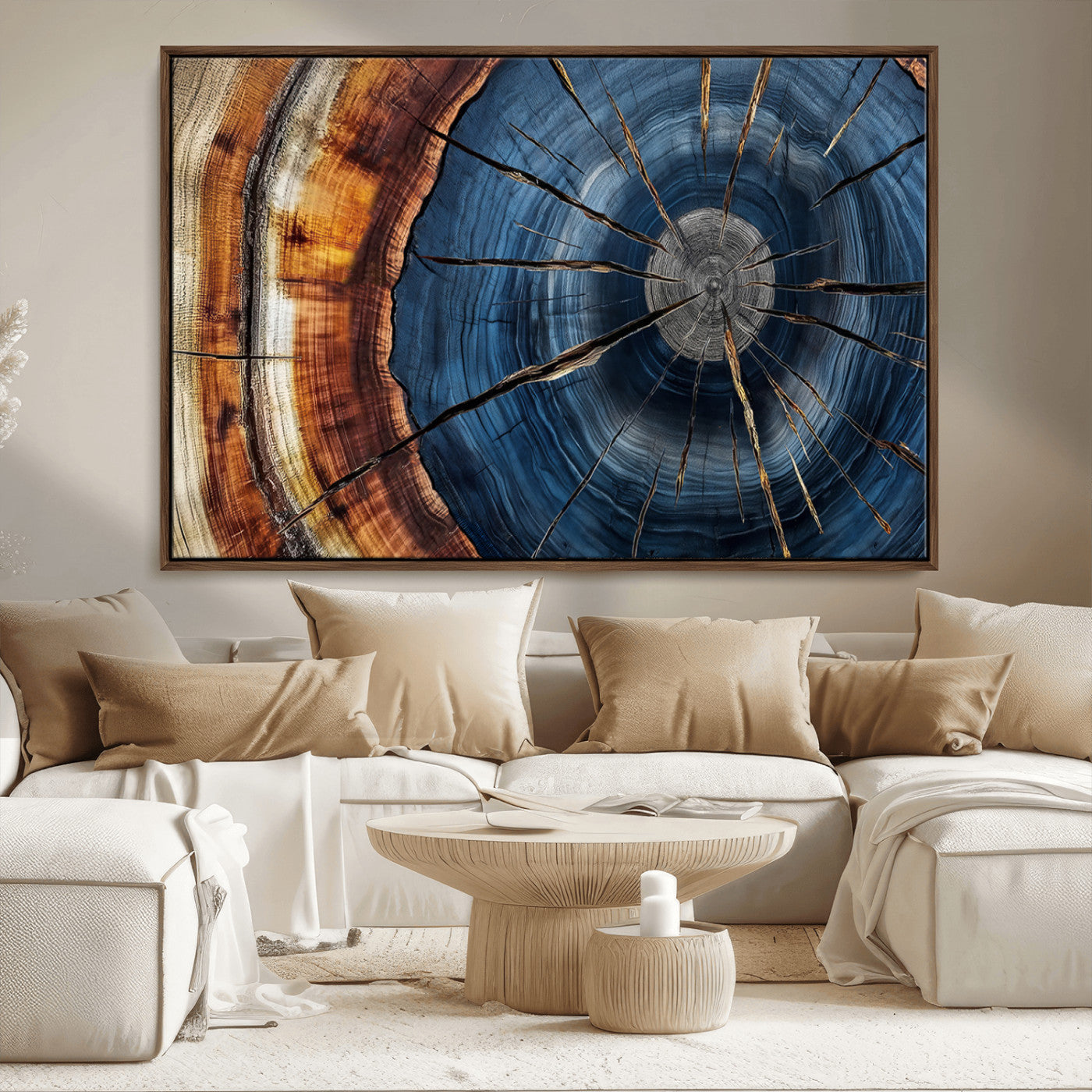 45268471-MGV-FC-36X24_Walnut-Blue Tree Ring Wall Art – Rustic Wood Cross Section Canvas Print, Modern Abstract Nature Decor for Living Room, Office, or Cabin
