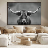 81228550-MGV-FC-36X24_Walnut-Framed Texas Longhorn Bull Art Canvas Print, Western Bull Wall Art Print, Long Horn Bull Photo Print for Log Cabin, Large Bull