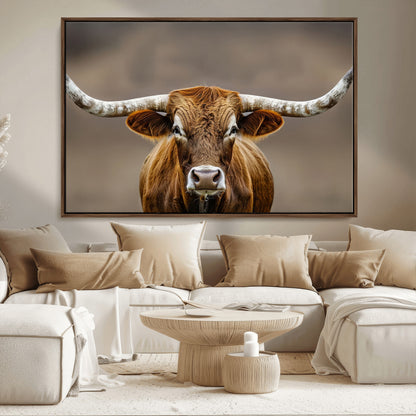 12179171-MGV-CV-36X24-Texas Longhorn Wall Art Canvas Print, Framed Brown Bull Art Picture Print, Lone Cattle Perfect Rustic Western Decor Artwork