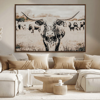27497342-MGV-CV-36X24-Texas Longhorn Wall Art Canvas Print, Framed Speckled Cow Art Picture Print, Horned Cattle Perfect Rustic Western Decor Artwork