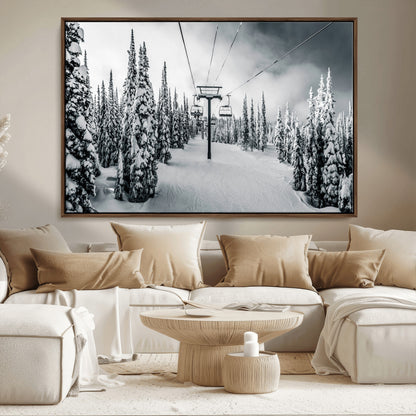 31156828-MGV-FC-36X24_Walnut-Snowy Pines Wall Art Canvas Print, Framed Ski Lift Art Picture Print, Winter Forest Perfect Moody Lodge Decor Artwork