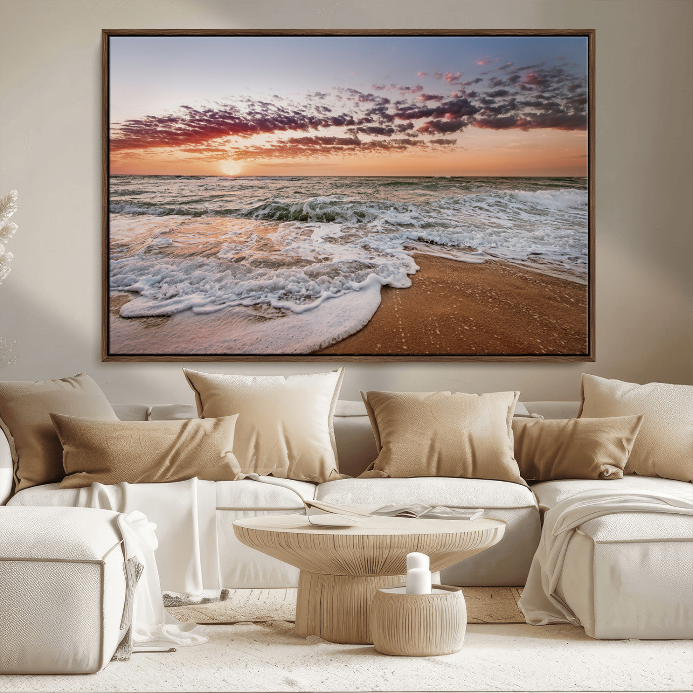 39846389-MGV-CV-36X24-Ocean Sunset Wall Art Canvas Print, Framed Sandy Shore Art Picture Print, Gentle Waves Perfect Minimalist Coastal Decor Artwork
