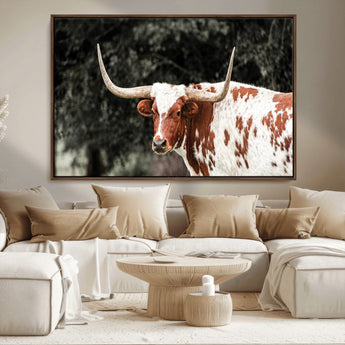 54027638-MGV-FC-36X24_Walnut-Texas Longhorn Wall Art Canvas Print, Framed Spotted Cow Art Picture Print, Horned Bull Perfect Rustic Western Decor Artwork