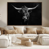 42077175-MGV-CV-36X24-Texas Longhorn Wall Art Canvas Print, Framed Monochrome Bull Art Picture Print, Horned Bull Perfect Rustic Western Decor Artwork