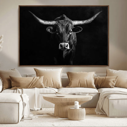 42077175-MGV-CV-36X24-Texas Longhorn Wall Art Canvas Print, Framed Monochrome Bull Art Picture Print, Horned Bull Perfect Rustic Western Decor Artwork