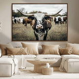 79025945-MGV-CV-36X24-Texas Longhorn Wall Art Canvas Print, Framed Speckled Cow Art Picture Print, Horned Cattle Perfect Rustic Western Decor Artwork