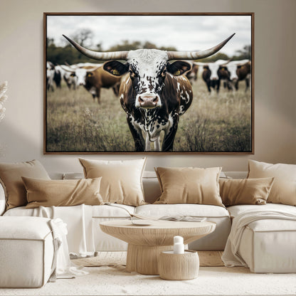 79025945-MGV-CV-36X24-Texas Longhorn Wall Art Canvas Print, Framed Speckled Cow Art Picture Print, Horned Cattle Perfect Rustic Western Decor Artwork