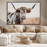 70414966-MGV-CV-36X24-Texas Longhorn Wall Art Canvas Print, Framed Speckled Cow Art Picture Print, Horned Bull Perfect Rustic Western Decor Artwork