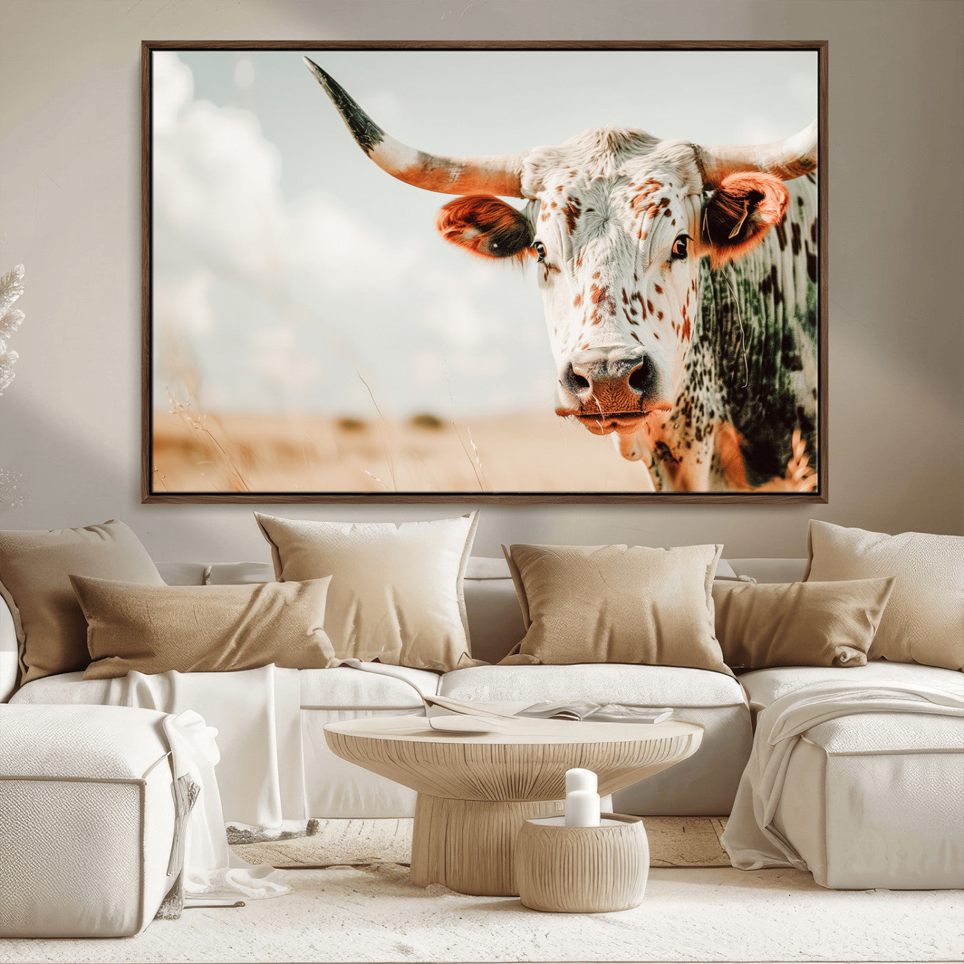 72766375-MGV-CV-36X24-Texas Longhorn Wall Art Canvas Print, Framed Spotted Cow Art Picture Print, Horned Cattle Perfect Rustic Western Decor Artwork