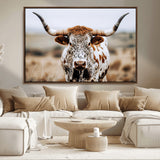 76294381-MGV-CV-36X24-Texas Longhorn Wall Art Canvas Print, Framed Spotted Cow Art Picture Print, Horned Cattle Perfect Rustic Western Decor Artwork