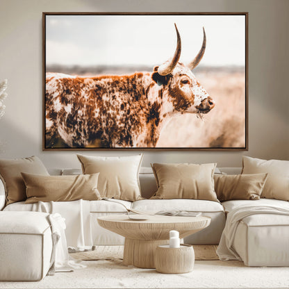11528295-MGV-FC-36X24_Walnut-Speckled Longhorn Wall Art Canvas Print, Framed Texas Cattle Art Picture Print, Horned Cow Perfect Rustic Western Decor Artwork