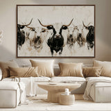 12027562-MGV-FC-36X24_Walnut-Longhorn Cattle Wall Art Canvas Print, Framed Bison Herd Art Picture Print, Cattle Group Perfect Rustic Farmhouse Decor Artwork