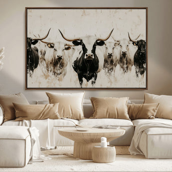 12027562-MGV-FC-36X24_Walnut-Longhorn Cattle Wall Art Canvas Print, Framed Bison Herd Art Picture Print, Cattle Group Perfect Rustic Farmhouse Decor Artwork