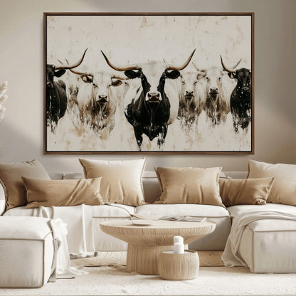 12027562-MGV-CV-36X24-Longhorn Cattle Wall Art Canvas Print, Framed Bison Herd Art Picture Print, Cattle Group Perfect Rustic Farmhouse Decor Artwork