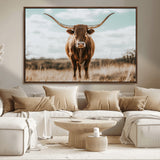 39350715-MGV-FC-36X24_Walnut-Texas Longhorn Wall Art Canvas Print, Framed Longhorn Cow Art Picture Print, Western Cattle Perfect Rustic Western Decor Artwork