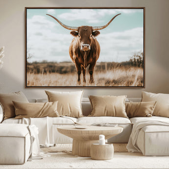 39350715-MGV-FC-36X24_Walnut-Texas Longhorn Wall Art Canvas Print, Framed Longhorn Cow Art Picture Print, Western Cattle Perfect Rustic Western Decor Artwork
