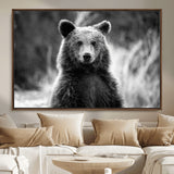 MGV-FC-36X24 - Grizzly Bear Wall Art Canvas Print, Framed Black White Bear Art Picture Print, Wild Bear Perfect Rustic Wildlife Decor Artwork