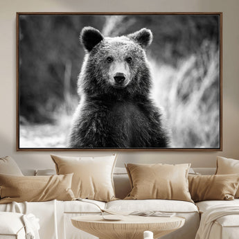 MGV-FC-36X24 - Grizzly Bear Wall Art Canvas Print, Framed Black White Bear Art Picture Print, Wild Bear Perfect Rustic Wildlife Decor Artwork