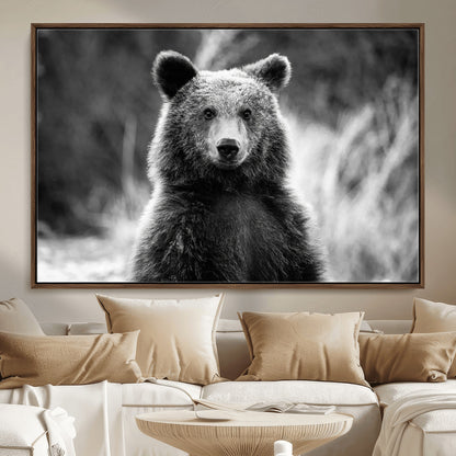 MGV-FC-36X24 - Grizzly Bear Wall Art Canvas Print, Framed Black White Bear Art Picture Print, Wild Bear Perfect Rustic Wildlife Decor Artwork