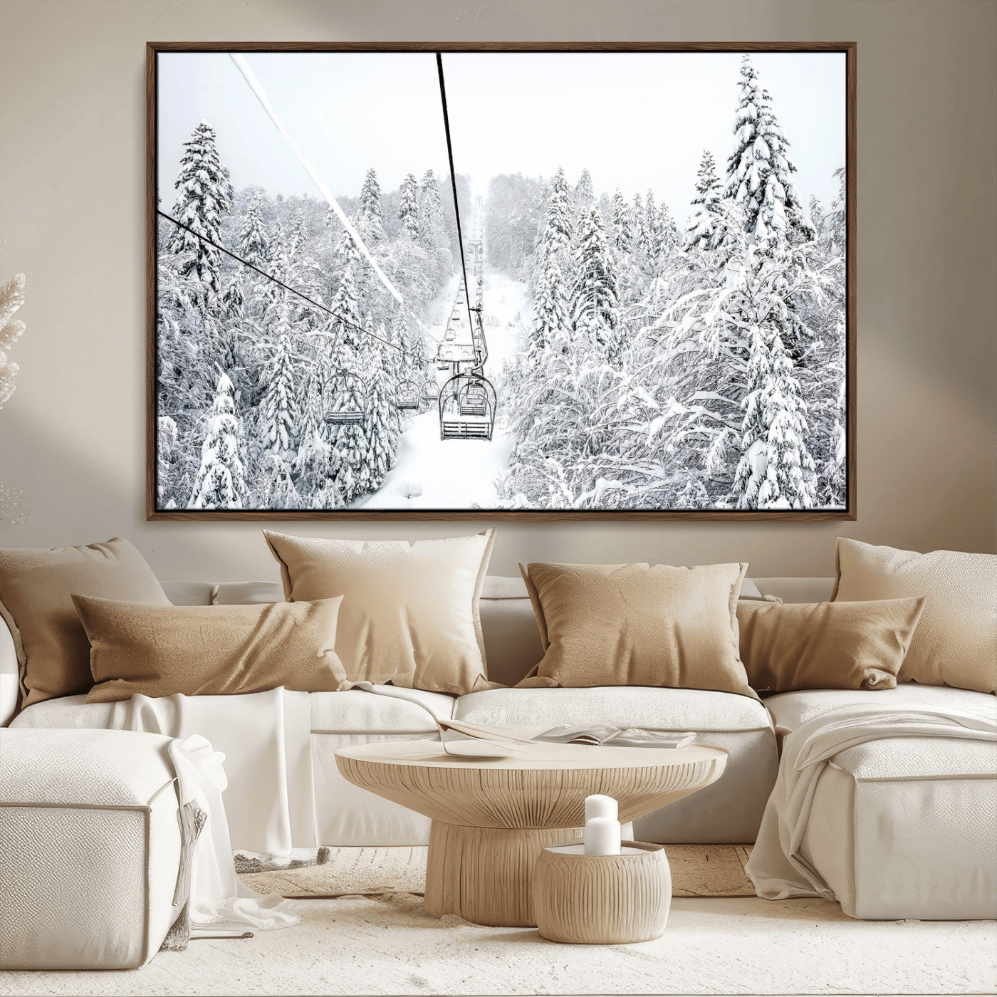 60296839-MGV-CV-36X24-Snowy Mountains Wall Art Canvas Print, Framed Ski Lift Art Picture Print, Winter Forest Perfect Winter Minimalist Decor Artwork