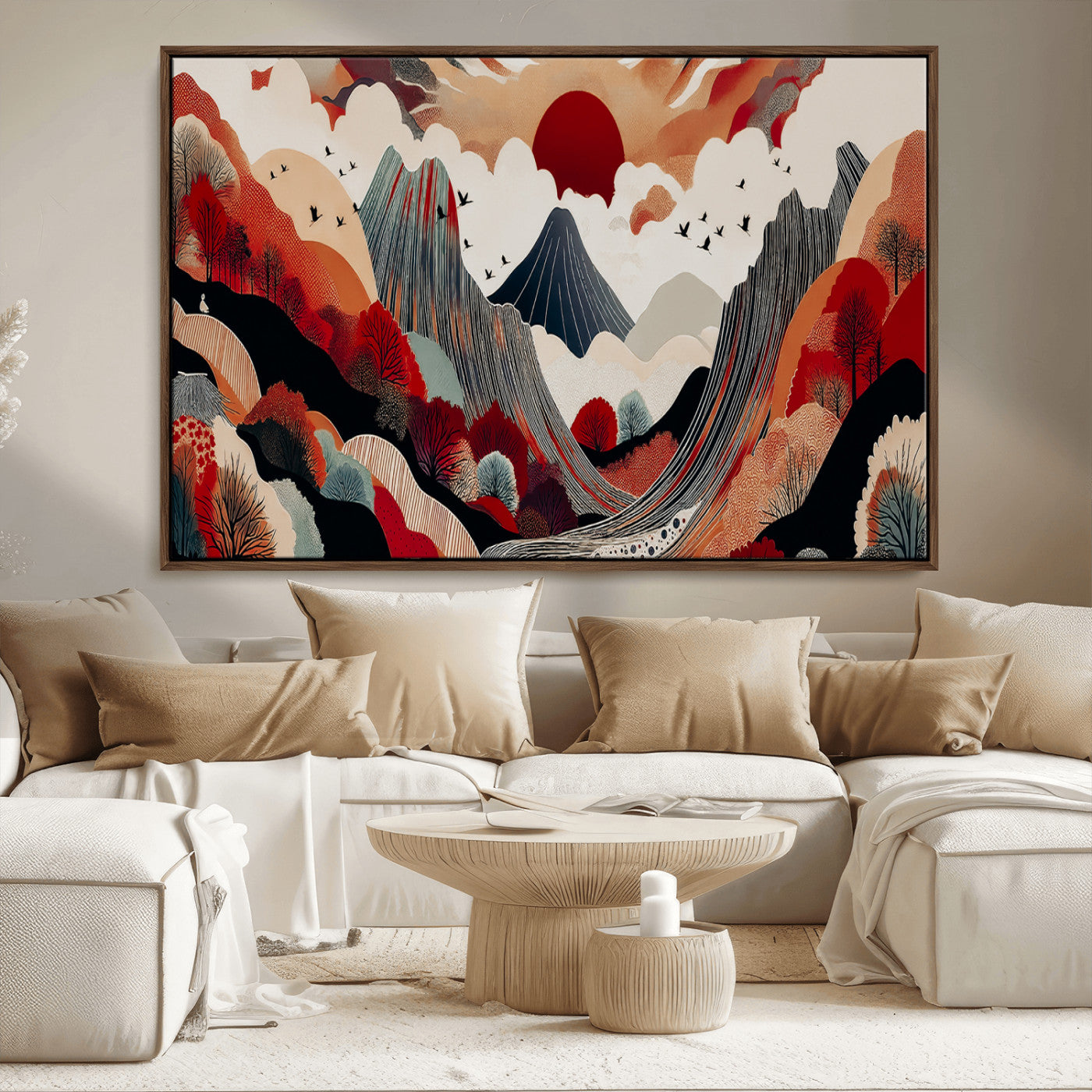 59495752-MGV-FC-36X24_Walnut-Abstract Mountain Wall Art Canvas Print, Framed Vibrant Landscape Art Picture Print, Nature Drawing Perfect Contemporary