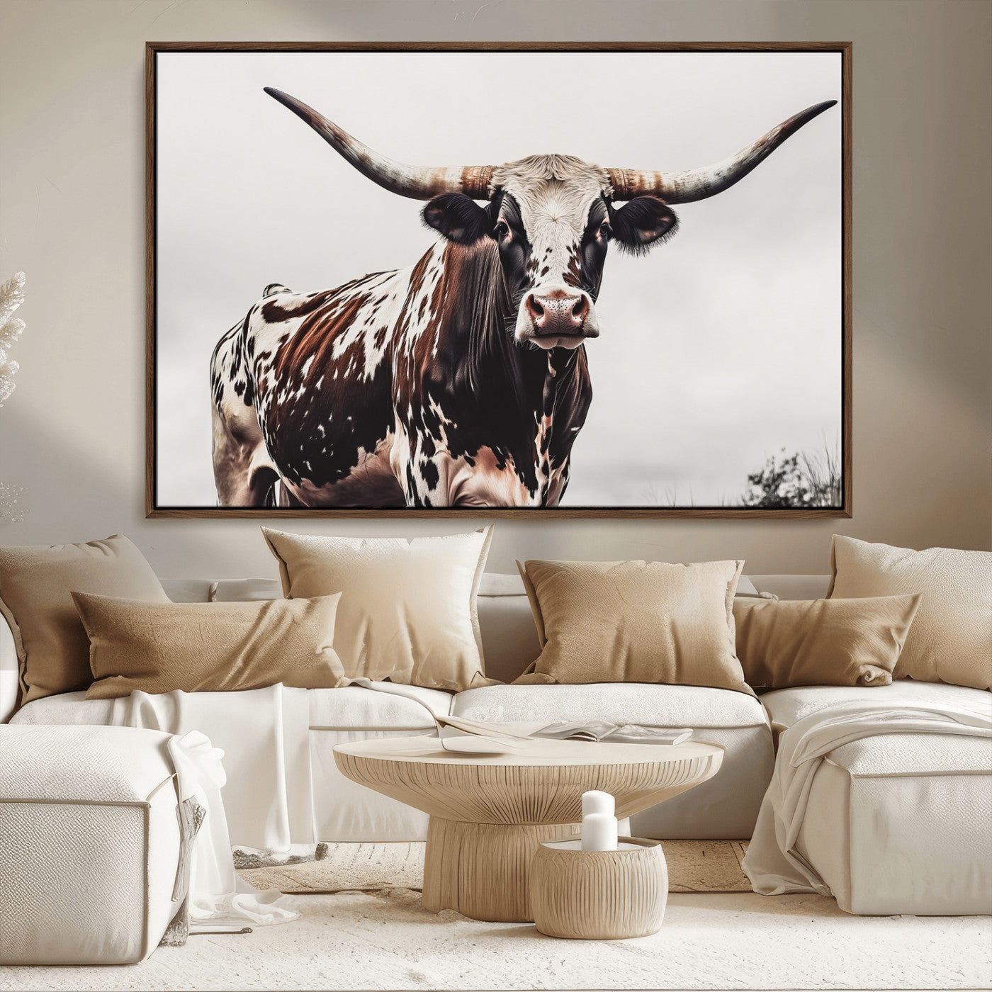 95249234-MGV-FC-36X24_Walnut-Texas Longhorn Wall Art Canvas Print, Framed Spotted Bull Art Picture Print, Horned Cattle Perfect Rustic Farmhouse Decor Artwork