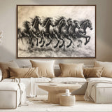 56089591-MGV-CV-36X24-Galloping Horses Wall Art Canvas Print, Framed Wild Stallions Art Picture Print, Horse Herd Sketch Perfect Monochrome Dynamic