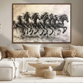 56089591-MGV-CV-36X24-Galloping Horses Wall Art Canvas Print, Framed Wild Stallions Art Picture Print, Horse Herd Sketch Perfect Monochrome Dynamic