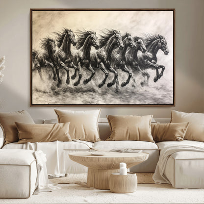 56089591-MGV-CV-36X24-Galloping Horses Wall Art Canvas Print, Framed Wild Stallions Art Picture Print, Horse Herd Sketch Perfect Monochrome Dynamic