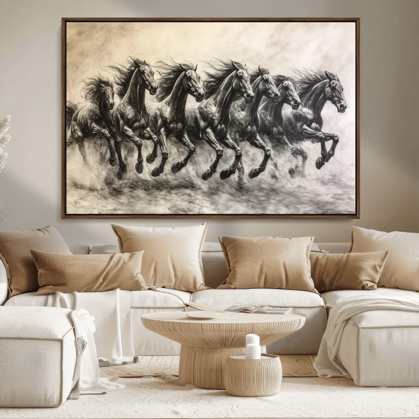 56089591-MGV-FC-36X24_Walnut-Galloping Horses Wall Art Canvas Print, Framed Wild Stallions Art Picture Print, Horse Herd Sketch Perfect Monochrome Dynamic