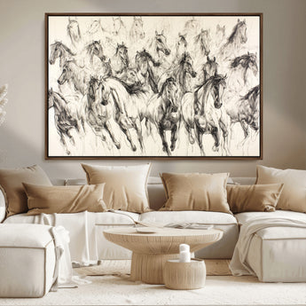 19433417-MGV-CV-36X24-Running Horses Wall Art Canvas Print, Framed Horse Sketch Art Picture Print, Galloping Herd Perfect Monochrome Western Decor