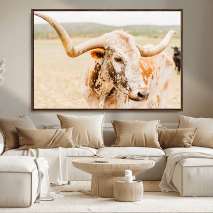 21060648-MGV-FC-36X24_Walnut-Texas Longhorn Wall Art Canvas Print, Framed Speckled Cow Art Picture Print, Rustic Bull Perfect Rustic Western Decor Artwork