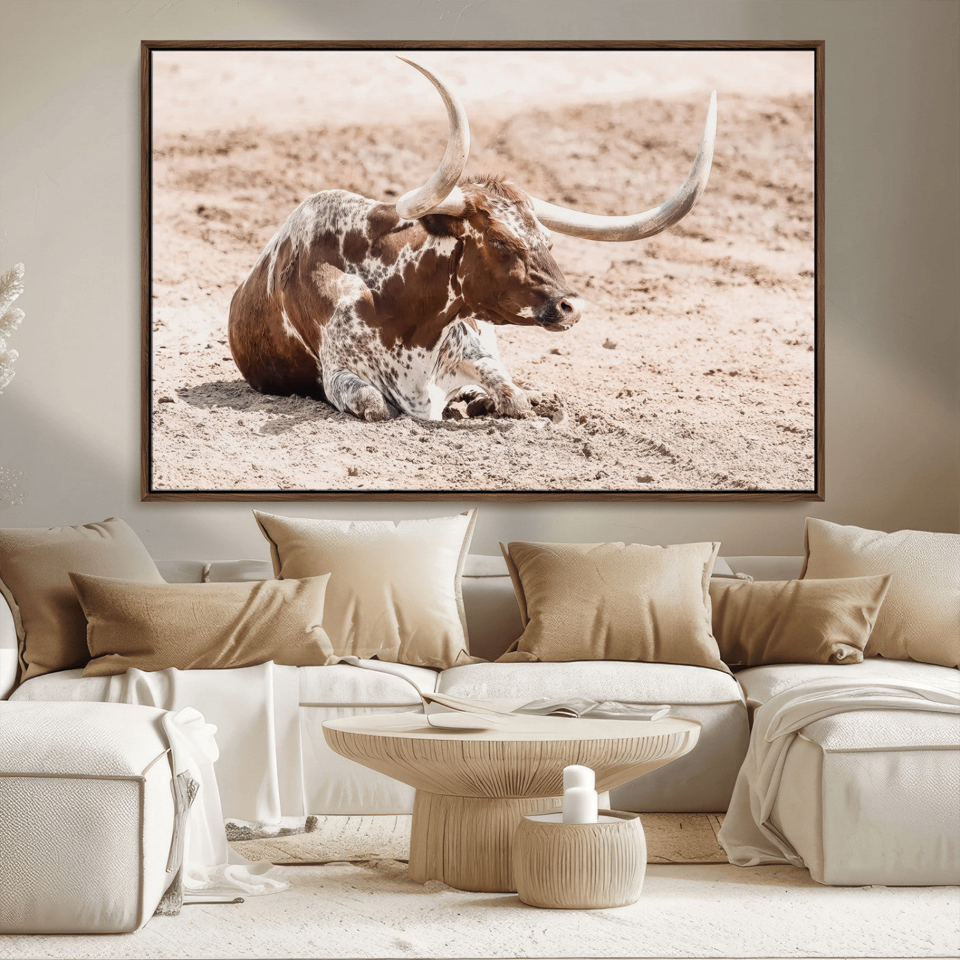 25407592-MGV-CV-36X24-Texas Longhorn Wall Art Canvas Print, Framed Resting Bull Art Picture Print, Spotted Cattle Perfect Rustic Western Decor Artwork