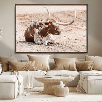 25407592-MGV-CV-36X24-Texas Longhorn Wall Art Canvas Print, Framed Resting Bull Art Picture Print, Spotted Cattle Perfect Rustic Western Decor Artwork