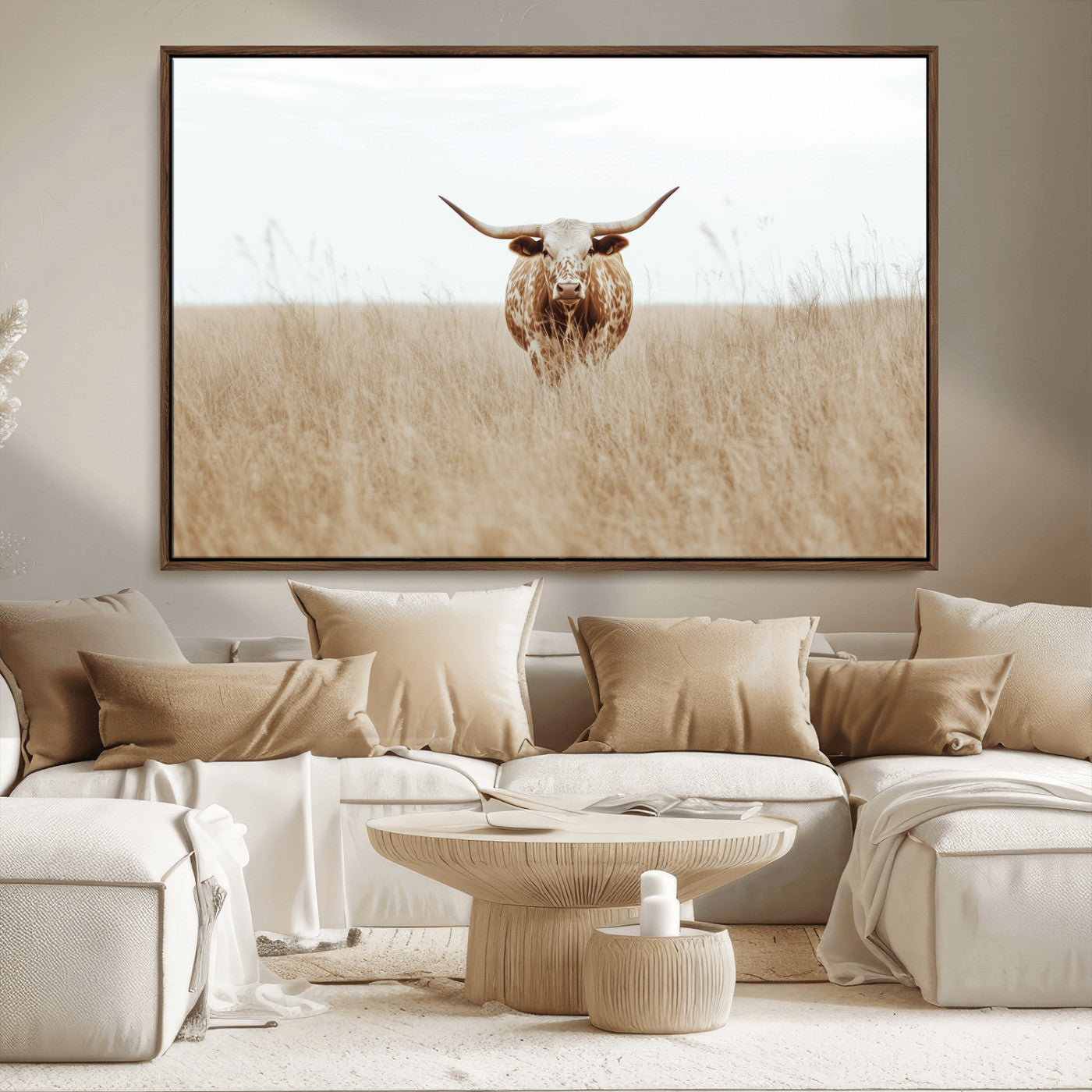 20927060-MGV-CV-36X24-Texas Longhorn Wall Art Canvas Print, Framed Lone Cattle Art Picture Print, Longhorn Bull Perfect Rustic Western Decor Artwork