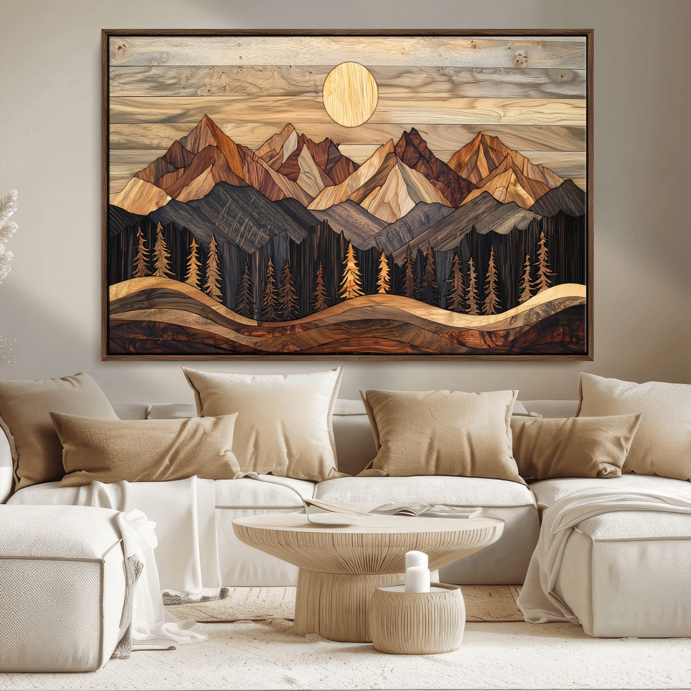 50100230-MGV-CV-36X24-Wooden Mountain Wall Art – Rustic Nature Landscape Canvas Print, Handmade Style Sun, Forest, and Peaks Artwork for Living Room,