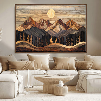 50100230-MGV-CV-36X24-Wooden Mountain Wall Art – Rustic Nature Landscape Canvas Print, Handmade Style Sun, Forest, and Peaks Artwork for Living Room,
