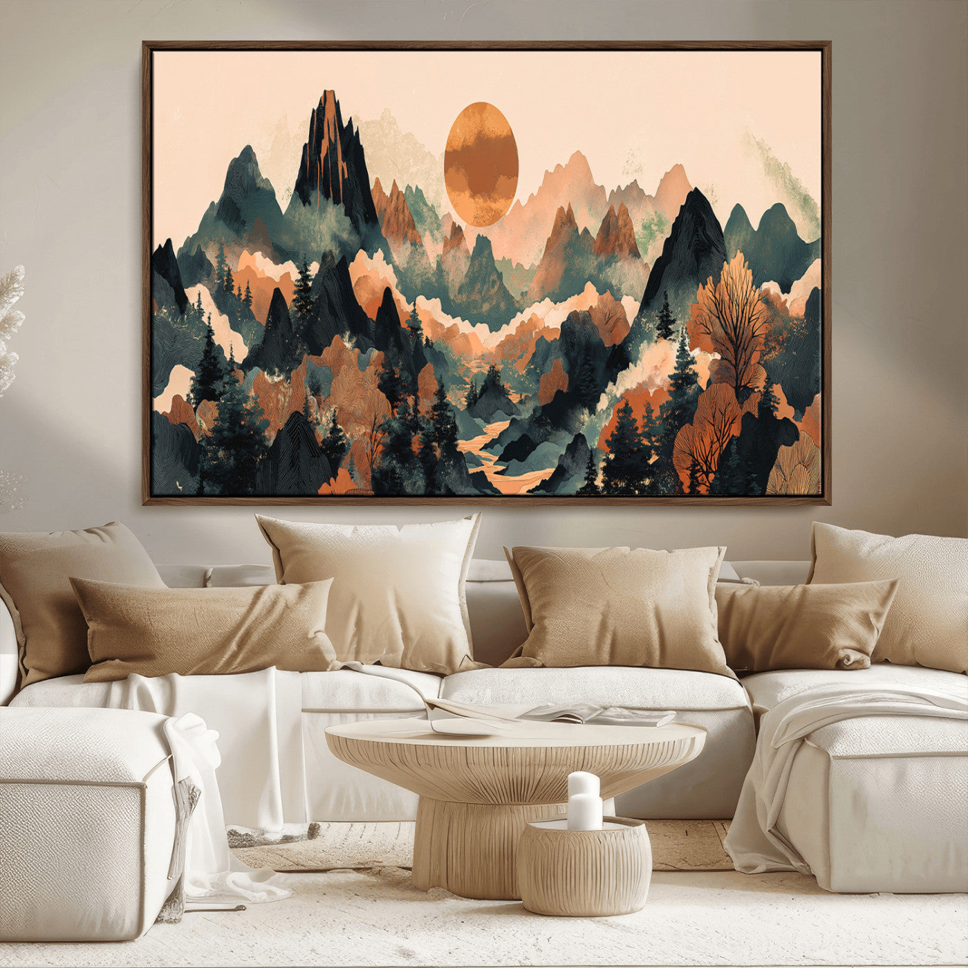 13012770-MGV-CV-36X24-Mountain Landscape Wall Art – Modern Nature Canvas Print with Sun, Misty Peaks, and Forest in Orange and Green Tones for Living