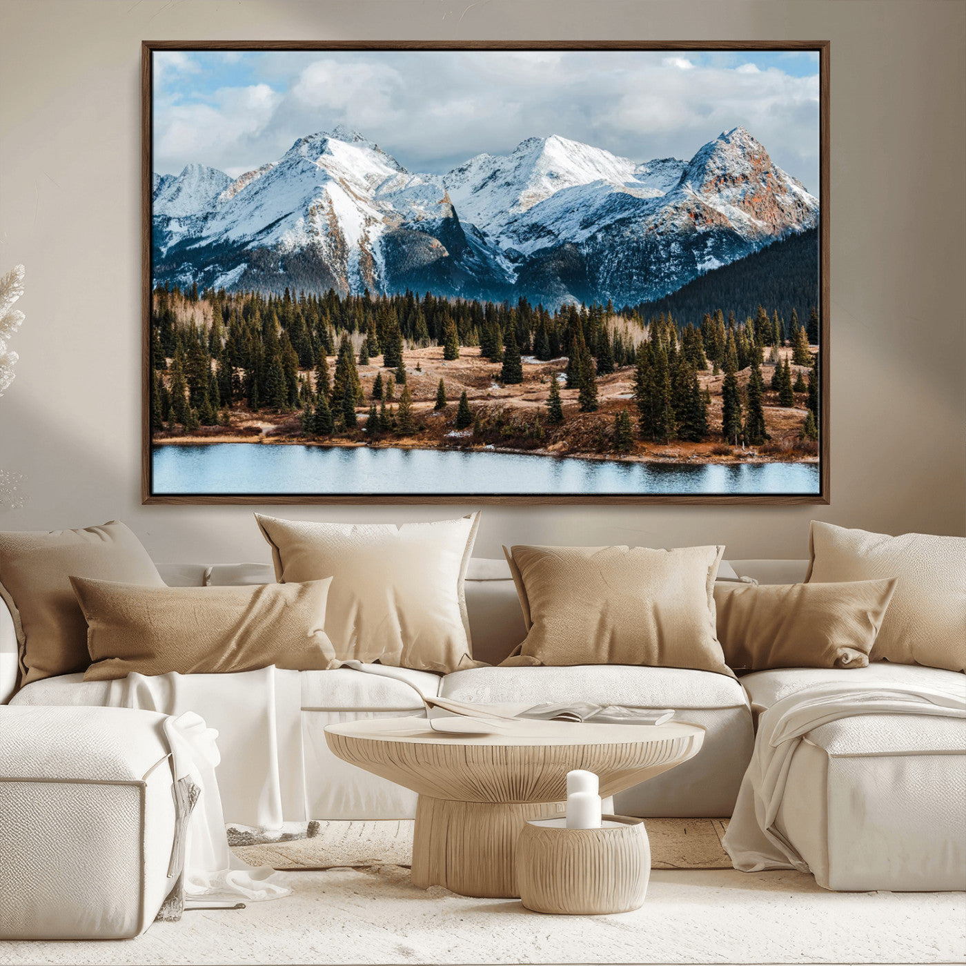 36247746-MGV-CV-36X24-Snowy Peaks Wall Art Canvas Print, Framed Alpine Lake Art Picture Print, Pine Forest Perfect Alpine Wilderness Decor Artwork