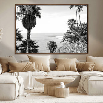 89458520-MGV-CV-36X24-Palm Trees Wall Art Canvas Print, Framed Coastal View Art Picture Print, Ocean Horizon Perfect Monochrome Coast Decor Artwork
