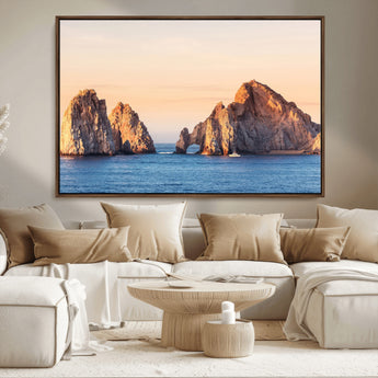 72996116-MGV-CV-36X24-El Arco Wall Art Canvas Print, Framed Cabo Rocks Art Picture Print, Ocean Arch Perfect Golden Coastal Landmark Decor Artwork